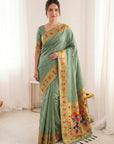 Sea Green Bamboo Tissue Silk Paithani Saree Designer Traditional Saree With Lotus Meenakari Pallu Zari Weaving Wedding Festive Saree