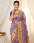 Violet Bamboo Tissue Silk Paithani Saree Designer Traditional Saree With Lotus Meenakari Pallu Zari Weaving Wedding Festive Saree