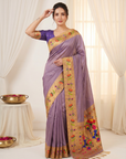 Violet Bamboo Tissue Silk Paithani Saree Designer Traditional Saree With Lotus Meenakari Pallu Zari Weaving Wedding Festive Saree