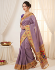 Violet Bamboo Tissue Silk Paithani Saree Designer Traditional Saree With Lotus Meenakari Pallu Zari Weaving Wedding Festive Saree