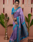 Lavender with Sky Soft Silk Narayanpeth Paithani Zari Woven Saree with Contrast Weaves