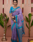 Lavender with Sky Soft Silk Narayanpeth Paithani Zari Woven Saree with Contrast Weaves