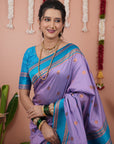 Lavender with Sky Soft Silk Narayanpeth Paithani Zari Woven Saree with Contrast Weaves