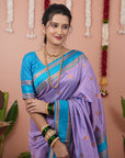 Lavender with Sky Soft Silk Narayanpeth Paithani Zari Woven Saree with Contrast Weaves