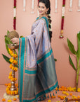 Grey Soft Silk Narayanpeth Paithani Zari Woven Saree with Contrast Weaves