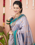 Grey Soft Silk Narayanpeth Paithani Zari Woven Saree with Contrast Weaves