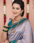 Grey Soft Silk Narayanpeth Paithani Zari Woven Saree with Contrast Weaves