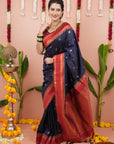 Navy Blue Soft Silk Narayanpeth Paithani Zari Woven Saree with Contrast Weaves