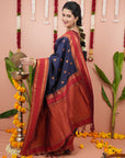 Navy Blue Soft Silk Narayanpeth Paithani Zari Woven Saree with Contrast Weaves