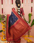 Navy Blue Soft Silk Narayanpeth Paithani Zari Woven Saree with Contrast Weaves