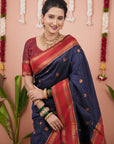 Navy Blue Soft Silk Narayanpeth Paithani Zari Woven Saree with Contrast Weaves