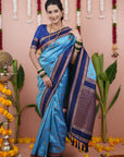 Sky Soft Silk Narayanpeth Paithani Zari Woven Saree with Contrast Weaves