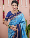 Sky Soft Silk Narayanpeth Paithani Zari Woven Saree with Contrast Weaves
