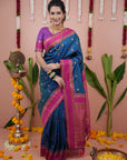 Blue with Pink Soft Silk Narayanpeth Paithani Zari Woven Saree with Contrast Weaves