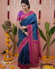 Blue with Pink Soft Silk Narayanpeth Paithani Zari Woven Saree with Contrast Weaves