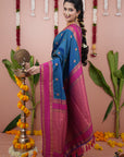 Blue with Pink Soft Silk Narayanpeth Paithani Zari Woven Saree with Contrast Weaves