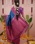 Blue with Pink Soft Silk Narayanpeth Paithani Zari Woven Saree with Contrast Weaves