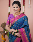 Blue with Pink Soft Silk Narayanpeth Paithani Zari Woven Saree with Contrast Weaves