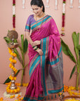 Pink Soft Silk Narayanpeth Paithani Zari Woven Saree with Contrast Weaves