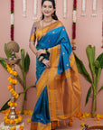 Blue with Gold Soft Silk Narayanpeth Paithani Zari Woven Saree with Contrast Weaves