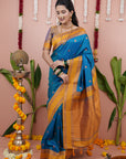 Blue with Gold Soft Silk Narayanpeth Paithani Zari Woven Saree with Contrast Weaves