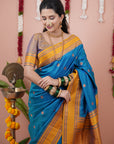 Blue with Gold Soft Silk Narayanpeth Paithani Zari Woven Saree with Contrast Weaves