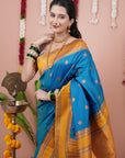 Blue with Gold Soft Silk Narayanpeth Paithani Zari Woven Saree with Contrast Weaves