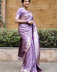 Divya in our Lavender Banarasi Jaal Satin Silk Pink Zari Woven Saree