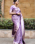 Divya in our Lavender Banarasi Jaal Satin Silk Pink Zari Woven Saree