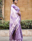 Divya in our Lavender Banarasi Jaal Satin Silk Pink Zari Woven Saree