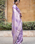 Divya in our Lavender Banarasi Jaal Satin Silk Pink Zari Woven Saree