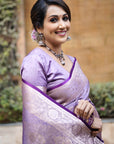 Divya in our Lavender Banarasi Jaal Satin Silk Pink Zari Woven Saree