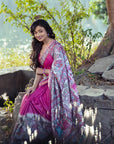 Pink Tussar Silk Madhubani Printed Saree with Zari Woven Border