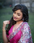 Pink Tussar Silk Madhubani Printed Saree with Zari Woven Border