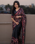 Black Kolam Silk Katha Printed Pushpa Saree
