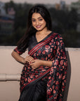 Black Kolam Silk Katha Printed Pushpa Saree