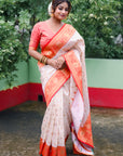 White Red Soft Silk Saree with Butti Durga Pooja Zari Woven Saree