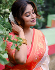White Red Soft Silk Saree with Butti Durga Pooja Zari Woven Saree