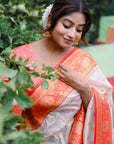 White Red Soft Silk Saree with Butti Durga Pooja Zari Woven Saree