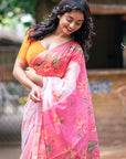 Dory in our Baby Pink Chanderi Cotton Pichwai Printed Saree with Zari Woven Border