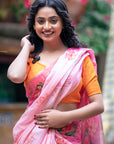 Dory in our Baby Pink Chanderi Cotton Pichwai Printed Saree with Zari Woven Border