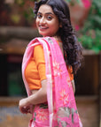 Dory in our Baby Pink Chanderi Cotton Pichwai Printed Saree with Zari Woven Border