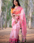 Dory in our Baby Pink Chanderi Cotton Pichwai Printed Saree with Zari Woven Border