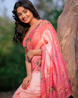 Dory in our Baby Pink Chanderi Cotton Pichwai Printed Saree with Zari Woven Border