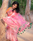 Dory in our Baby Pink Chanderi Cotton Pichwai Printed Saree with Zari Woven Border