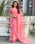 Pure Chanda Kora Silk Saree with Floral Embroidered Buttis And Applique Cutwork Border