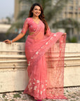 Pure Chanda Kora Silk Saree with Floral Embroidered Buttis And Applique Cutwork Border