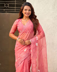 Pure Chanda Kora Silk Saree with Floral Embroidered Buttis And Applique Cutwork Border