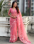 Pure Chanda Kora Silk Saree with Floral Embroidered Buttis And Applique Cutwork Border