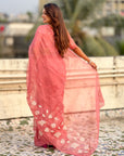 Pure Chanda Kora Silk Saree with Floral Embroidered Buttis And Applique Cutwork Border